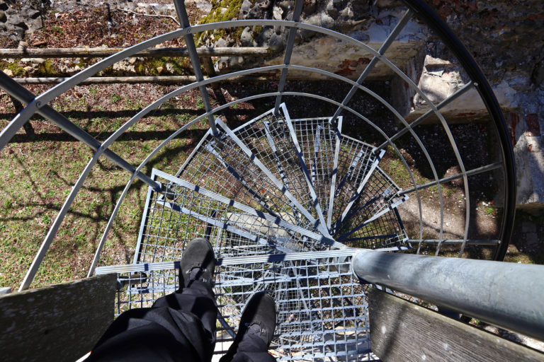 Risk of accident while walking stairs. Fear of heights or dizziness when descending a steep staircase